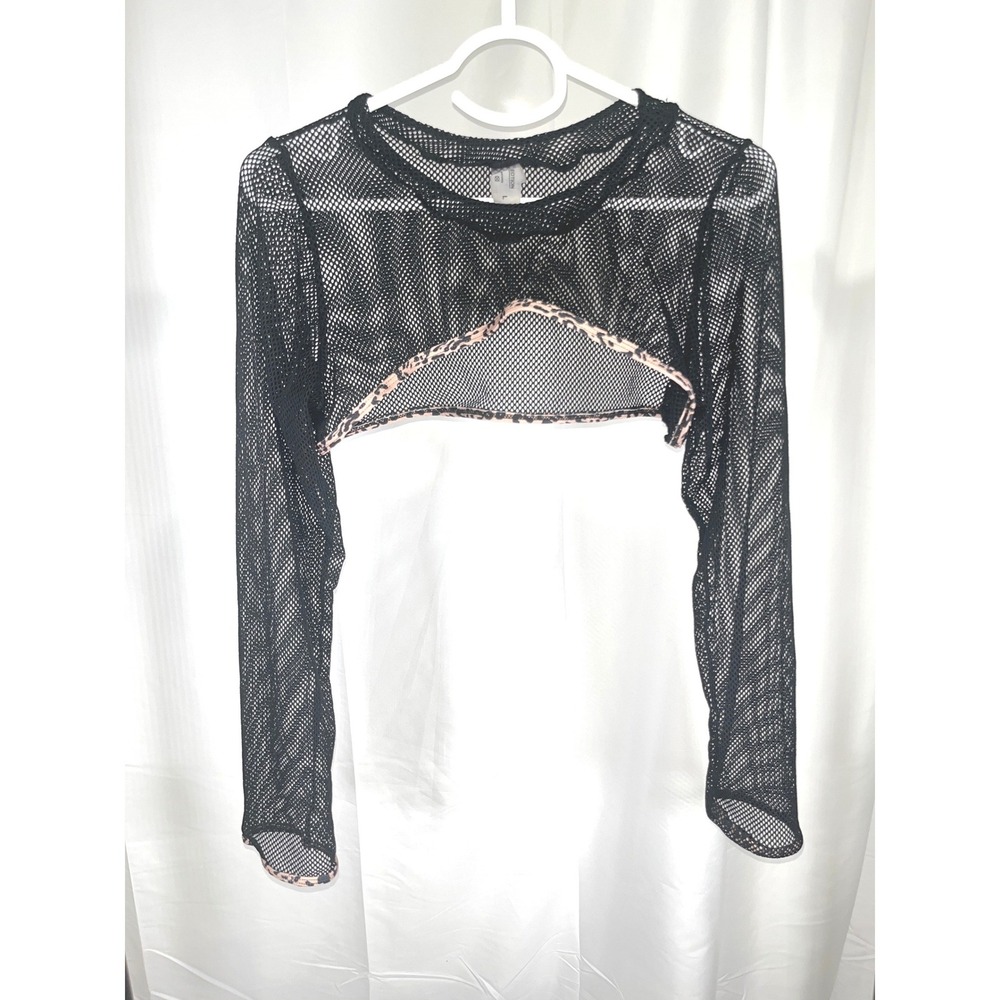 Matte Collection Black Fishnet Leopard Trim Shrug Crop Top Streetwear Rave Large